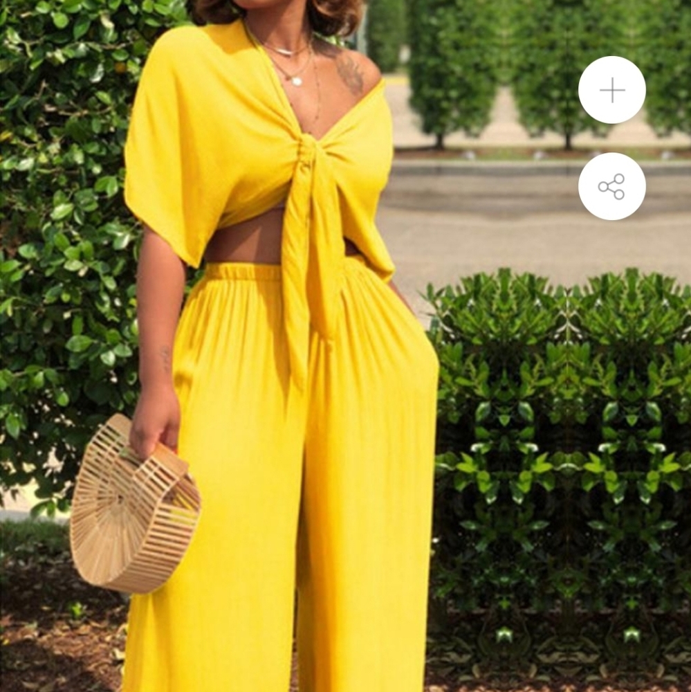 Two piece tie front crop top with wife leg pants